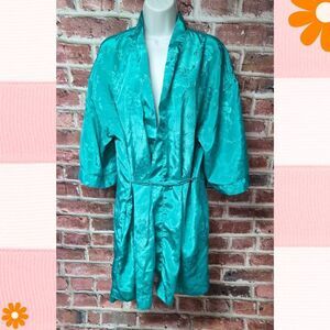 Vintage Erika Taylor Floral Kimono Robe – Women’s Medium Teal Satin Lounge Tie